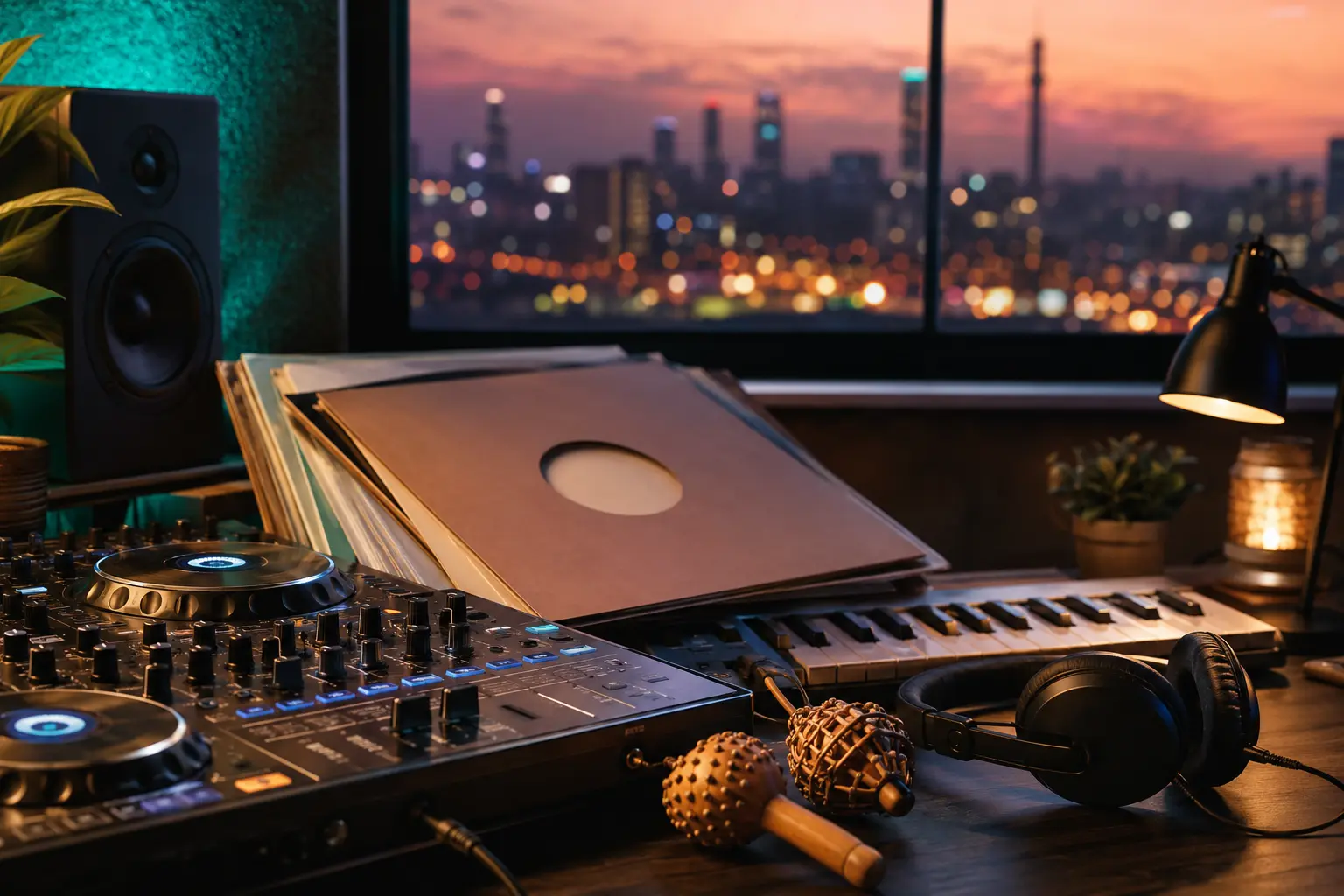DJ mixer, turntable, headphones, and record sleeves in an Amapiano music studio